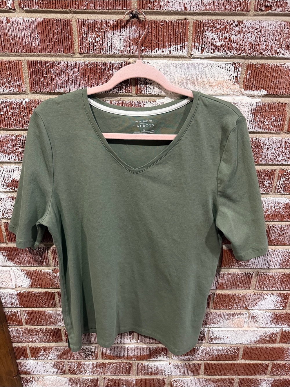 Talbots Pima Cotton Olive Green V-Neck Tee XL Short Sleeve Closet Staple - Picture 4 of 5